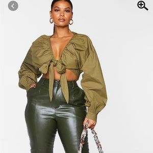 NWT Khaki Tie Front Ruched Crop Top